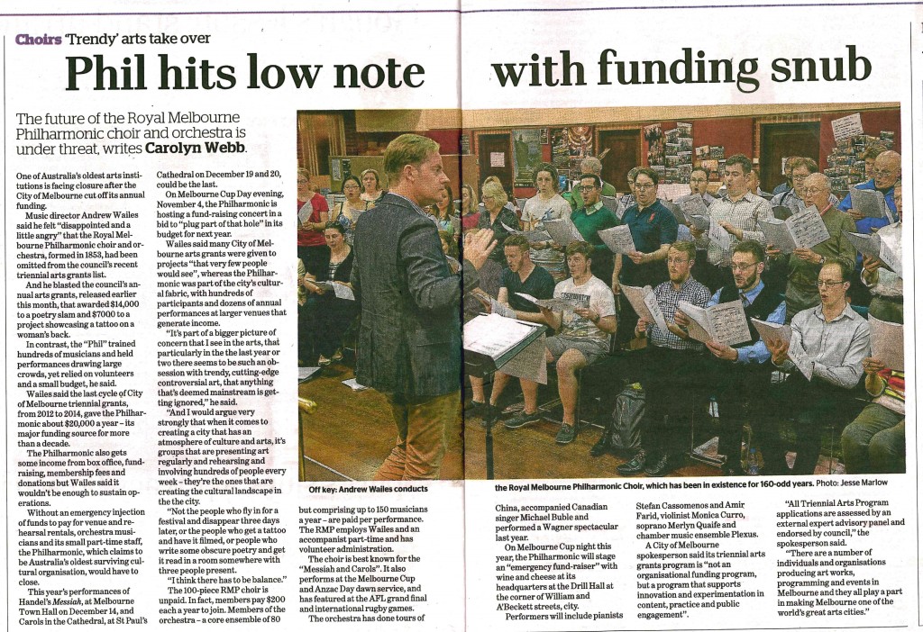 A recent article in The Age Newspaper highlighting the City of Melbourne's decision to cut 100% of funding to the RMP.